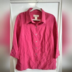 SusanBristol Sz L Button Down Blouse Silk &Linen Blend Embroidered Long Sleeves